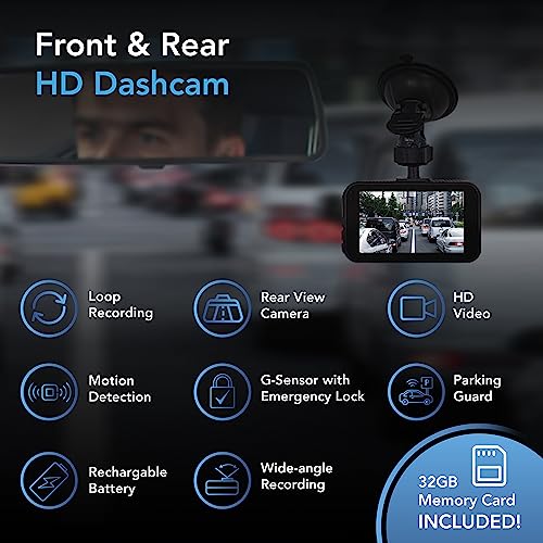 AutoSky Dash Cam: Front & Rear, Mini Full HD with 32GB Memory, parking monitor included.