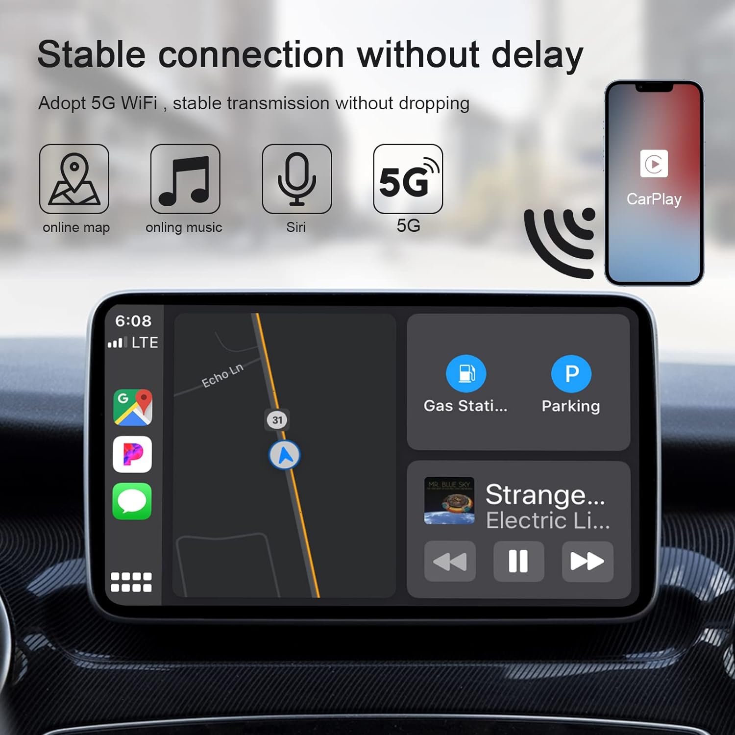 CarPlay Wireless Adapter for Factory Wired CarPlay 2024 Upgrade Plug & Play Dongle Converts Wired to Wireless for Cars from 2015 & iPhone iOS 10+