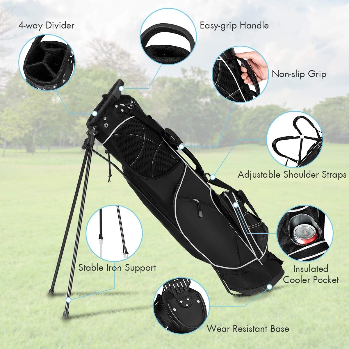 Golf Stand Bag, 4 Way Divider Golf Bag with 4 Zippered Pockets, Cooler Bag, Rain Hood & Padded Shoulder Strap, Lightweight Portable Pitch n Putt Golf Clubs Bag for Men/Women