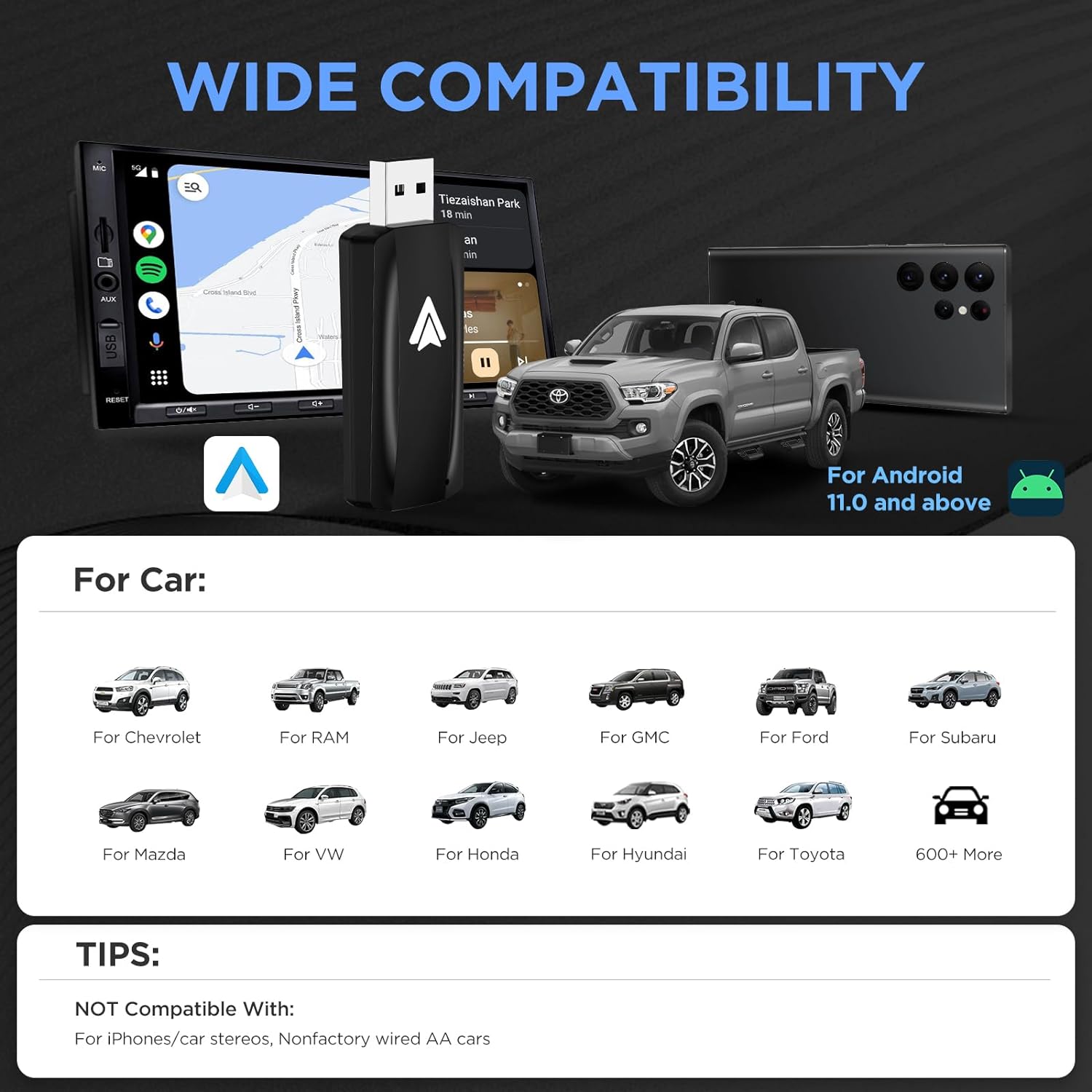 Android Auto Wireless Adapter for Car Android auto Small Car Dongle for OEM Wired Car Model 2017+ Play Plug USB C to A, USB A Extension Cable, 90 Degree USB A Adapter, 3 Adapters, U2A-AIR