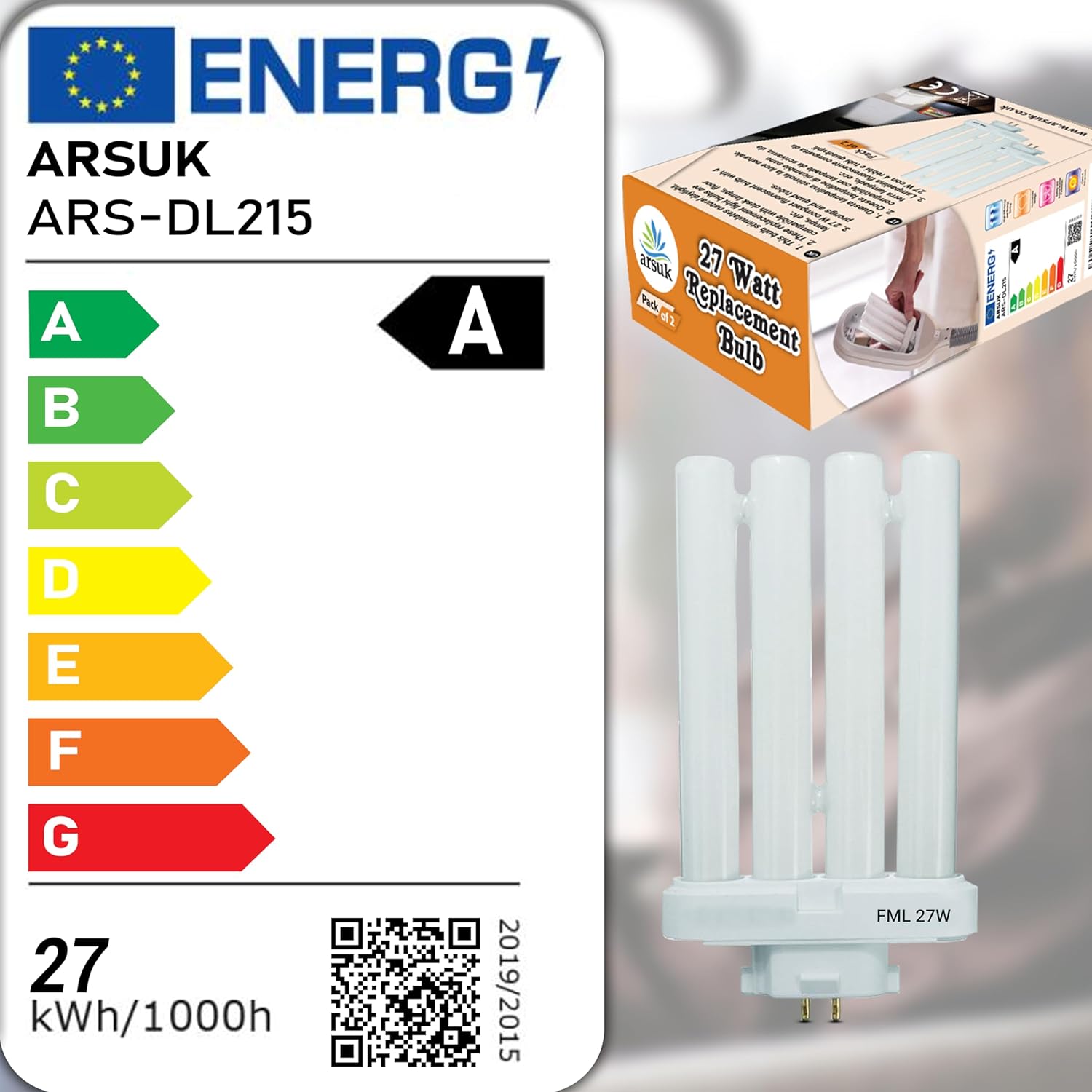 27w Replacement Fluorescent Bulb Daylight Quad Tube 4 Pin GX10Q-4 (6400k) Daylight Bulbs Energy Saving Reading Study Desk Lamps Office Light, 2 Pack